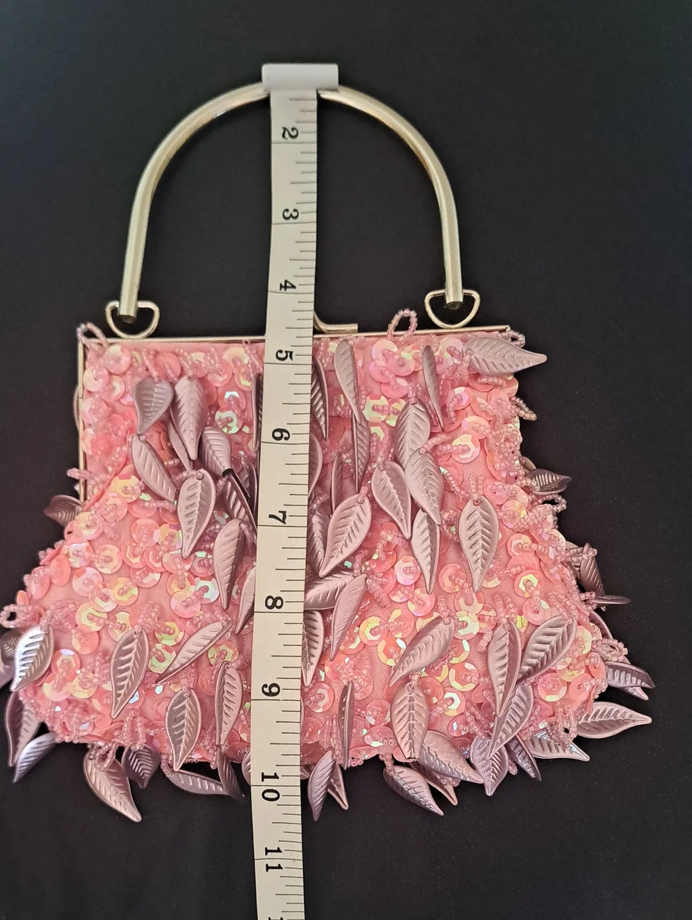 Pink Leaf Sequin Evening Clutch with Top Handle